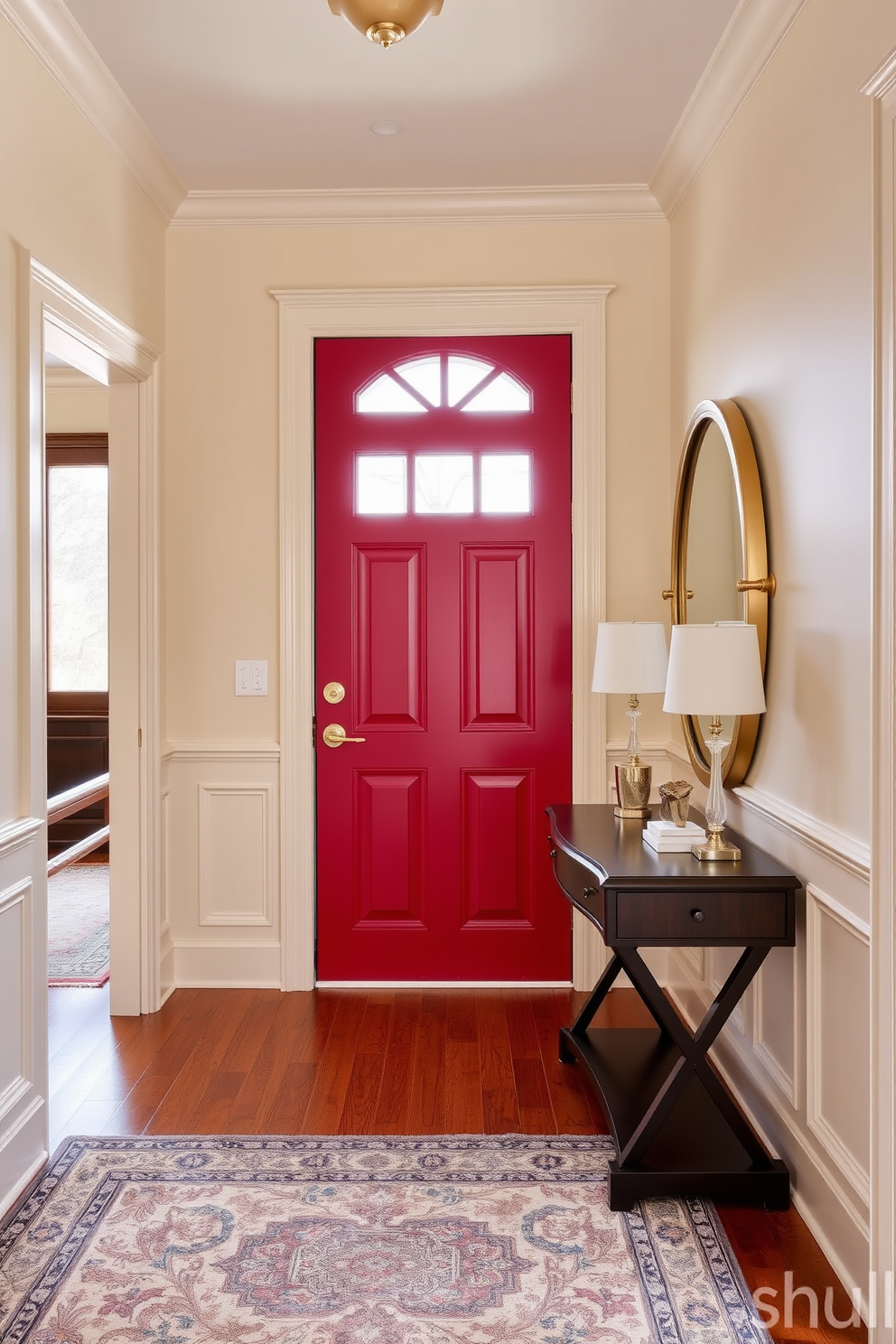 A striking red door with polished brass hardware serves as the focal point of the foyer. The walls are adorned with elegant wainscoting painted in a soft cream color, creating a warm and inviting atmosphere. A stylish console table in a dark wood finish stands against one wall, topped with decorative items and a statement mirror. A plush area rug with intricate patterns lies beneath, adding texture and comfort to the space.