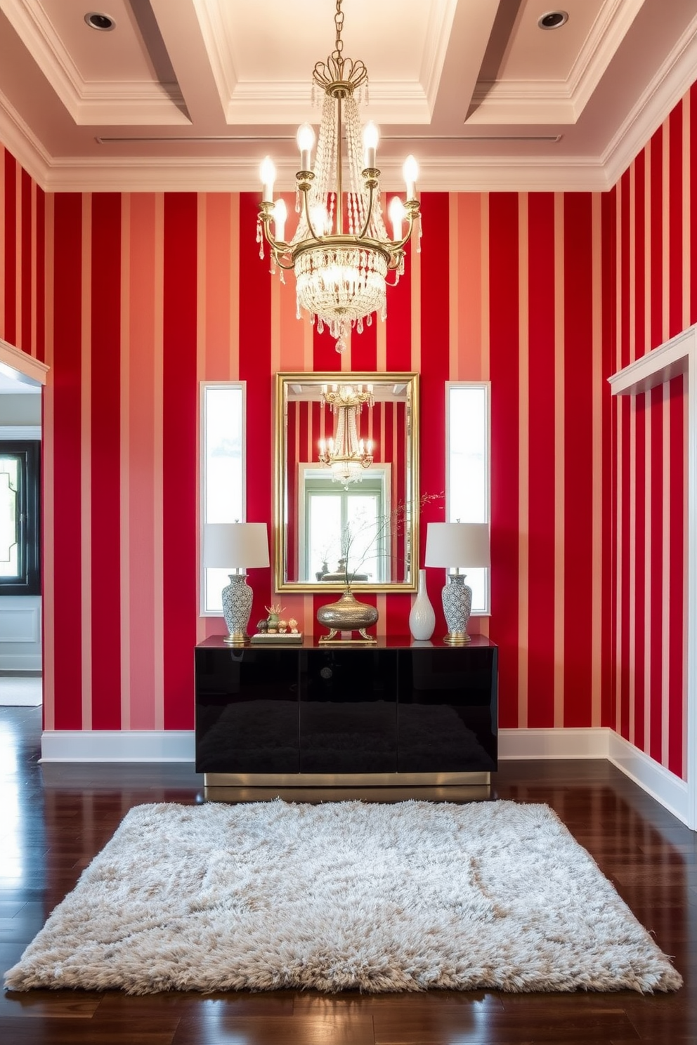 A dramatic foyer featuring red and white striped wallpaper that creates a bold statement. The space is illuminated by an elegant chandelier hanging from a coffered ceiling, enhancing the vibrant colors. The foyer includes a sleek console table with a glossy finish, adorned with decorative items and a large mirror above it. A plush area rug in complementary tones anchors the space, inviting guests into the home.