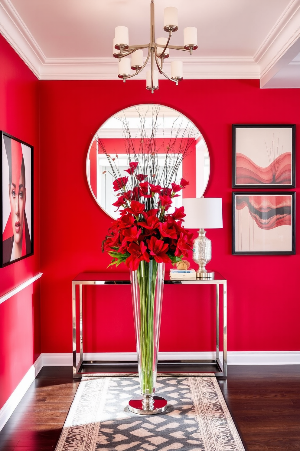 A striking red floral arrangement fills a tall, elegant vase placed on a sleek console table. The foyer features a bold red accent wall adorned with contemporary artwork, complemented by a stylish runner that leads to the entrance. The space is illuminated by a modern chandelier that casts a warm glow over the vibrant decor. A round mirror above the console reflects the beauty of the floral display, enhancing the welcoming atmosphere of the entryway.