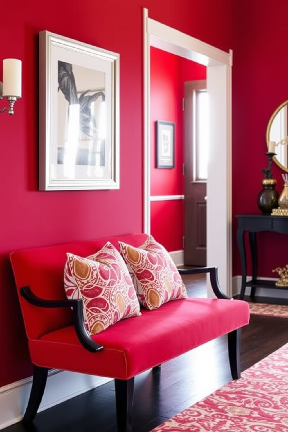 Chic red bench with patterned cushions. The bench is upholstered in a rich red fabric and adorned with vibrant patterned cushions that add a pop of color. Red foyer design ideas. The foyer features a bold red accent wall, complemented by sleek white trim and a stylish console table adorned with decorative accessories.