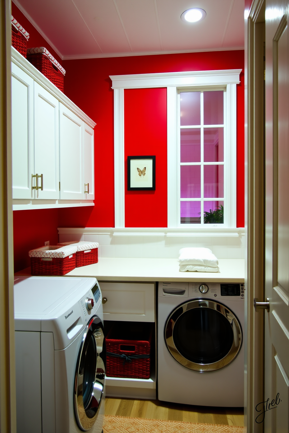 A bold red accent wall serves as the focal point of the laundry room, contrasting beautifully with the crisp white trim. The space features modern appliances, sleek cabinetry, and bright lighting to create an inviting and functional environment. Incorporate a practical folding station with a smooth countertop for convenience. Decorative baskets in complementary colors add organization and style, enhancing the overall aesthetic of the room.