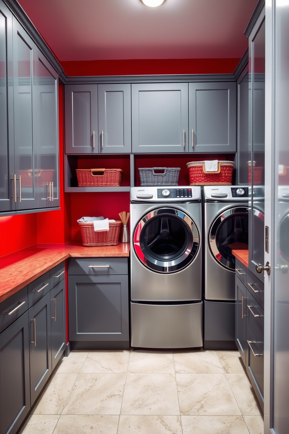 A modern laundry room featuring a striking red and grey color scheme that creates a vibrant yet balanced atmosphere. The walls are painted in a bold red hue, while the cabinetry and appliances are finished in sleek grey, providing a contemporary contrast. The space includes a spacious countertop for folding clothes, adorned with decorative storage baskets in complementary shades. A stylish washer and dryer are seamlessly integrated into the cabinetry, enhancing the room's functionality and aesthetic appeal.