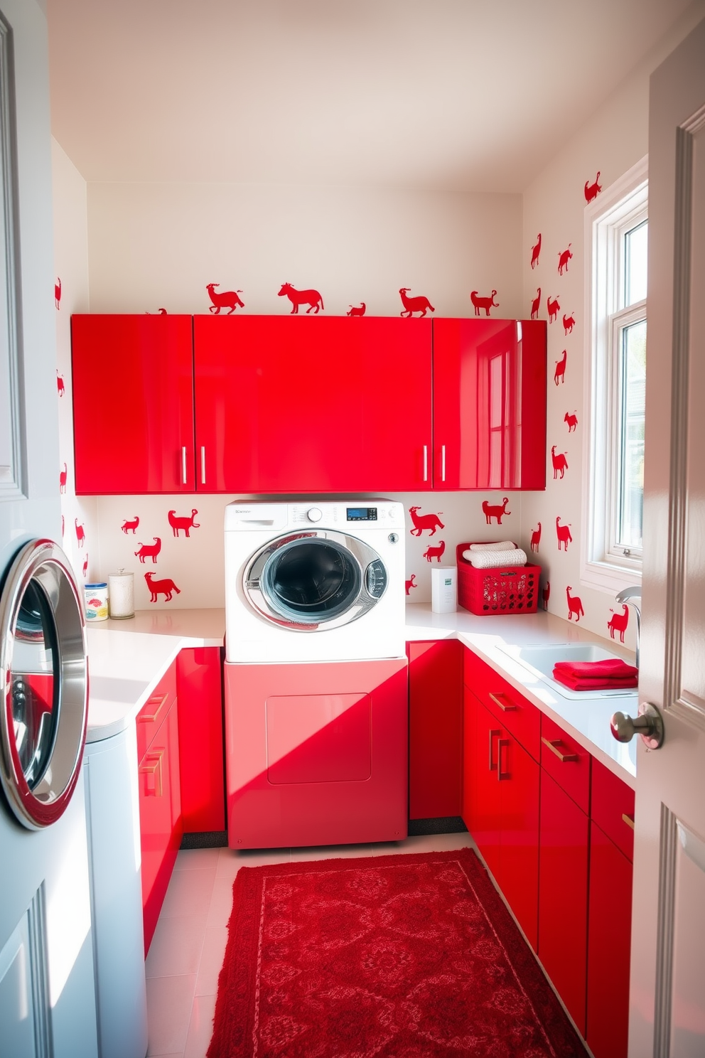 A vibrant laundry room filled with fun red wall decals that bring a playful touch to the space. The room features a sleek white washing machine and dryer, with bright red cabinetry providing ample storage and a cheerful contrast. The countertops are a glossy white, perfect for folding clothes, and a stylish red rug adds warmth underfoot. A large window lets in natural light, enhancing the lively atmosphere and making the space feel inviting and energetic.