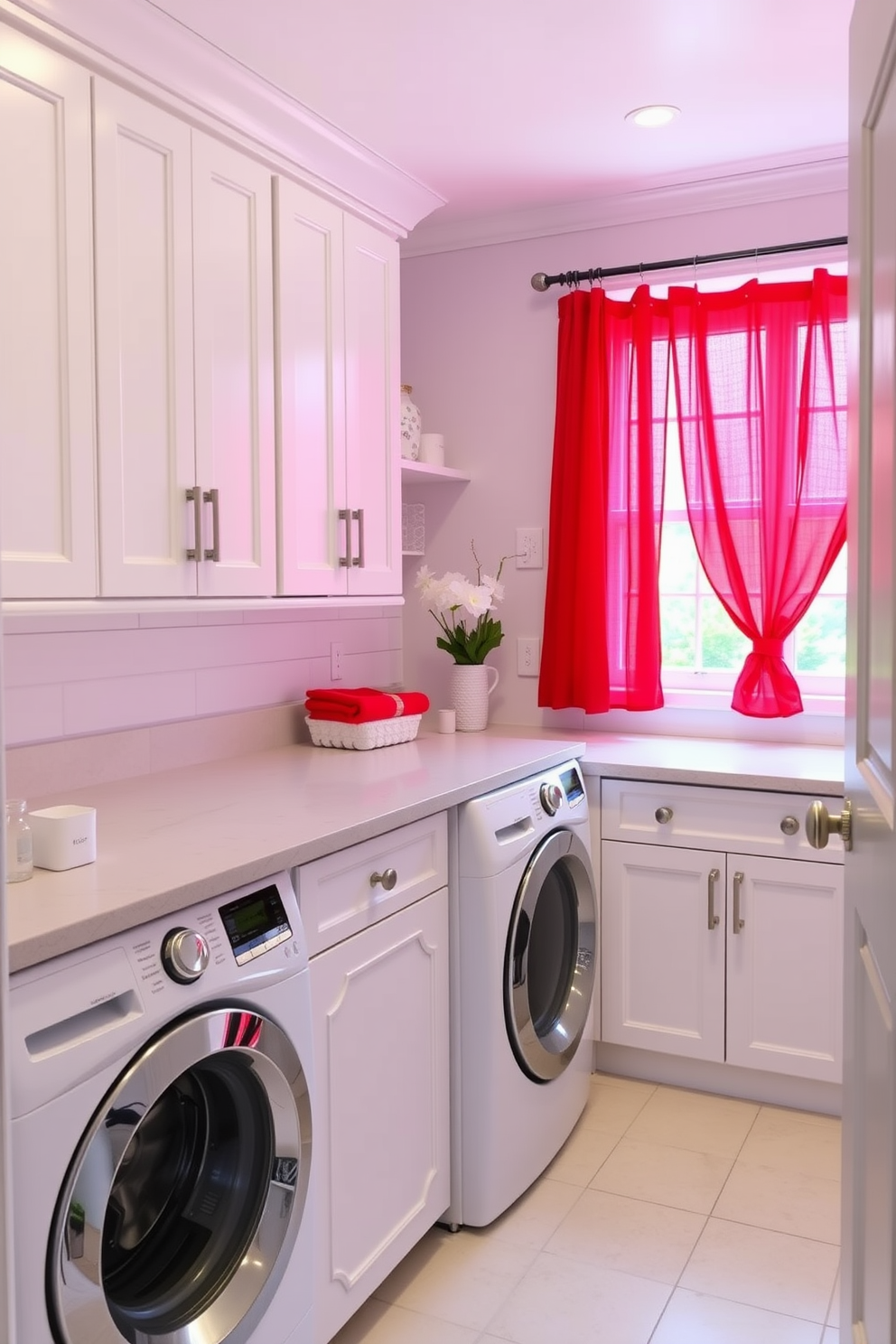 A bright and cheerful laundry room featuring bright red curtains that add a vibrant pop of color. The space includes a sleek white washer and dryer, complemented by a stylish countertop for folding clothes and ample storage cabinets in a crisp white finish.