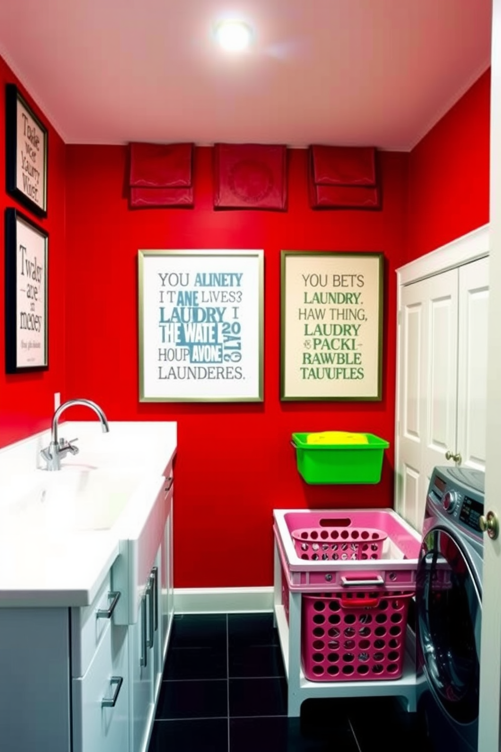 A vibrant laundry room featuring red walls adorned with framed art that showcases laundry-themed quotes in stylish typography. The space includes a sleek white countertop with a built-in sink, complemented by modern storage solutions and colorful laundry baskets.