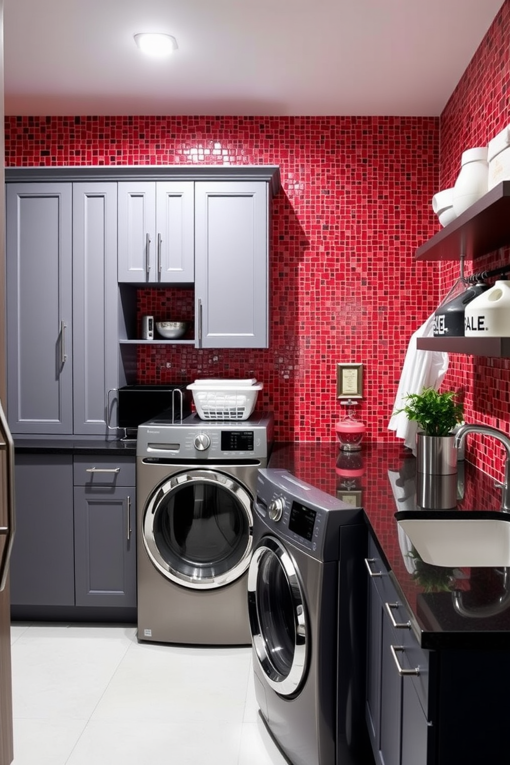 A vibrant laundry room featuring a striking red mosaic backsplash that adds a stylish touch. The space is equipped with modern appliances, ample storage solutions, and a sleek countertop for folding clothes.