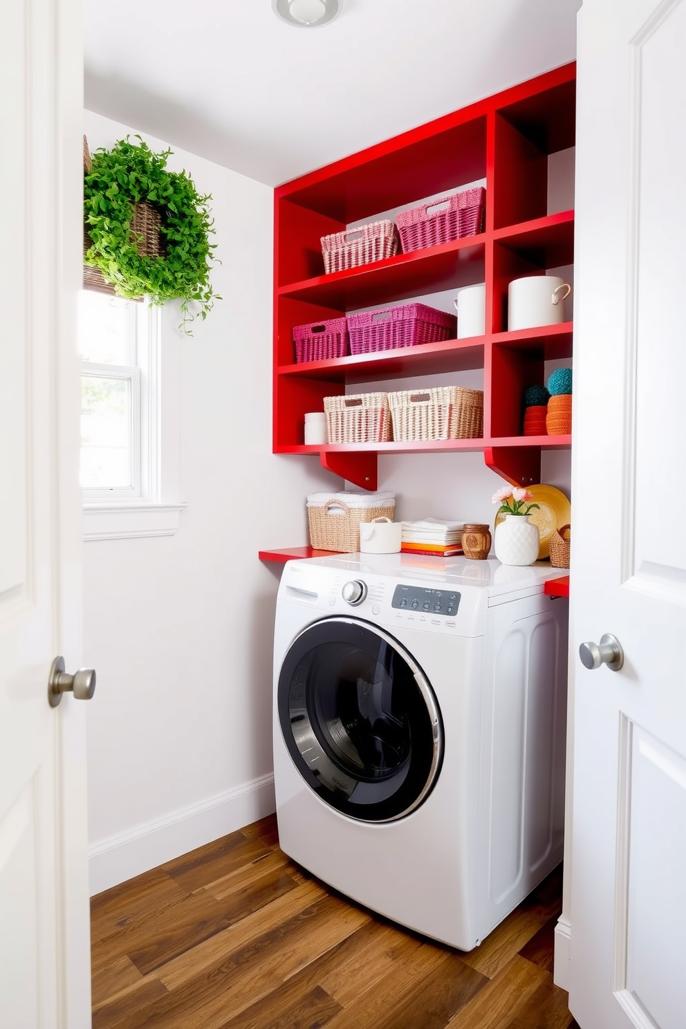 A vibrant laundry room featuring bold red shelving units that provide ample storage for laundry essentials. The walls are painted in a soft white to create a bright and airy atmosphere, while the red shelves are neatly arranged with colorful baskets and decorative items.