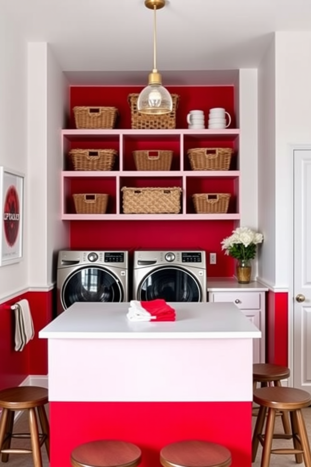 A vibrant red laundry room features a central island with a smooth countertop, providing ample space for folding clothes. Surrounding the island, there are comfortable stools that invite family members to sit while waiting for laundry cycles to finish. The walls are painted in a soft white to balance the bold red, creating a bright and cheerful atmosphere. Stylish open shelving above the island displays neatly organized baskets and decorative items, adding both functionality and charm to the space.