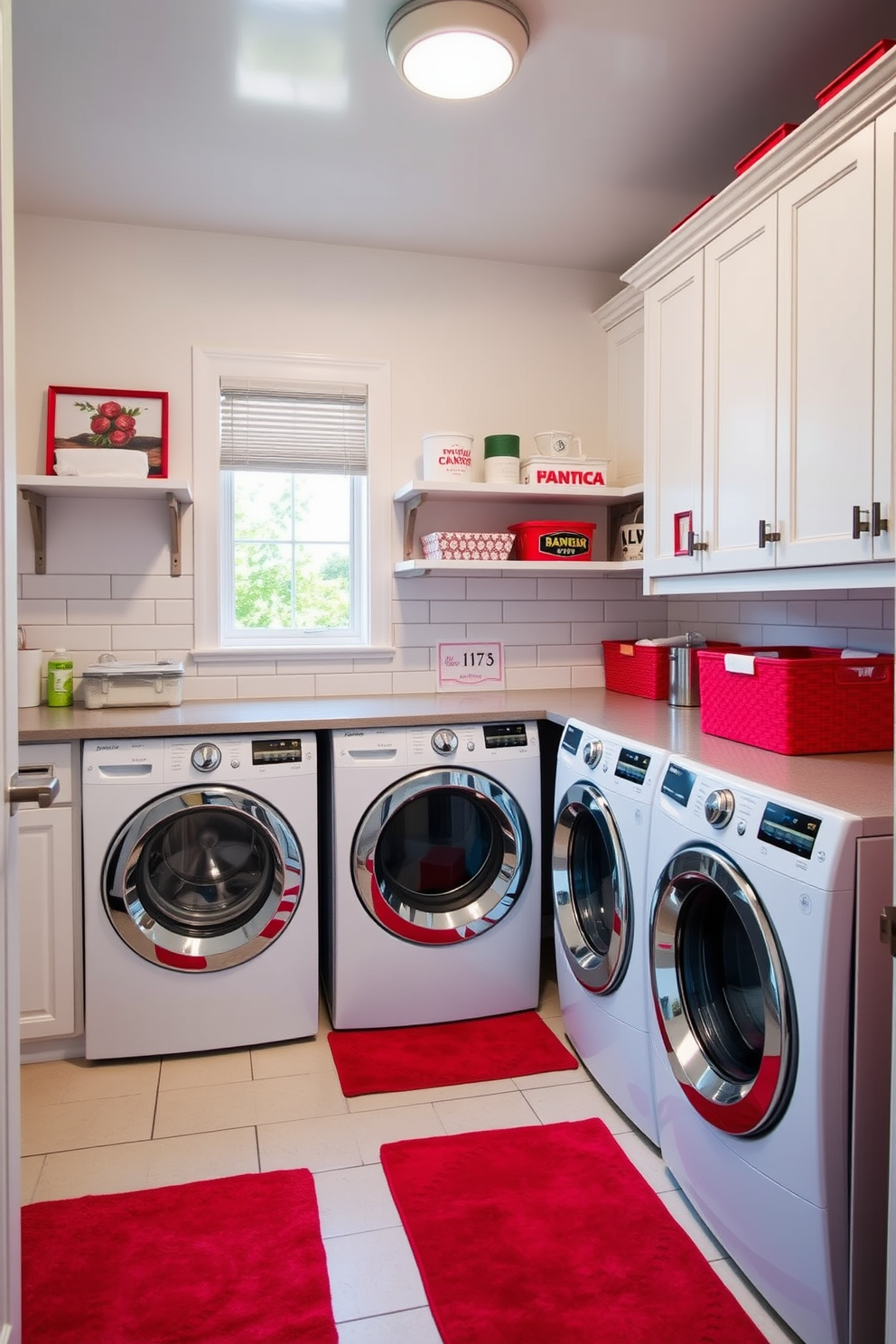 A vibrant laundry room filled with colorful red rugs that soften the tiled floor. The space features modern appliances with sleek finishes and ample storage solutions for an organized look.