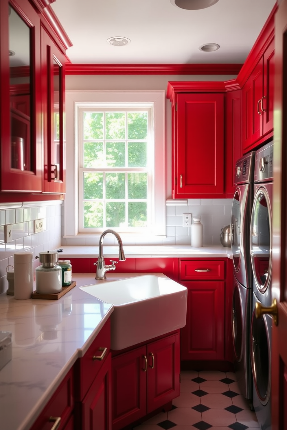 A vintage laundry room featuring bold red cabinets that evoke a classic aesthetic. The space is brightened by natural light streaming through a nearby window, highlighting the rich color of the cabinetry. The countertops are adorned with white marble, providing a striking contrast to the red cabinets. A stylish farmhouse sink sits beneath the window, complemented by vintage-inspired fixtures in brushed nickel.