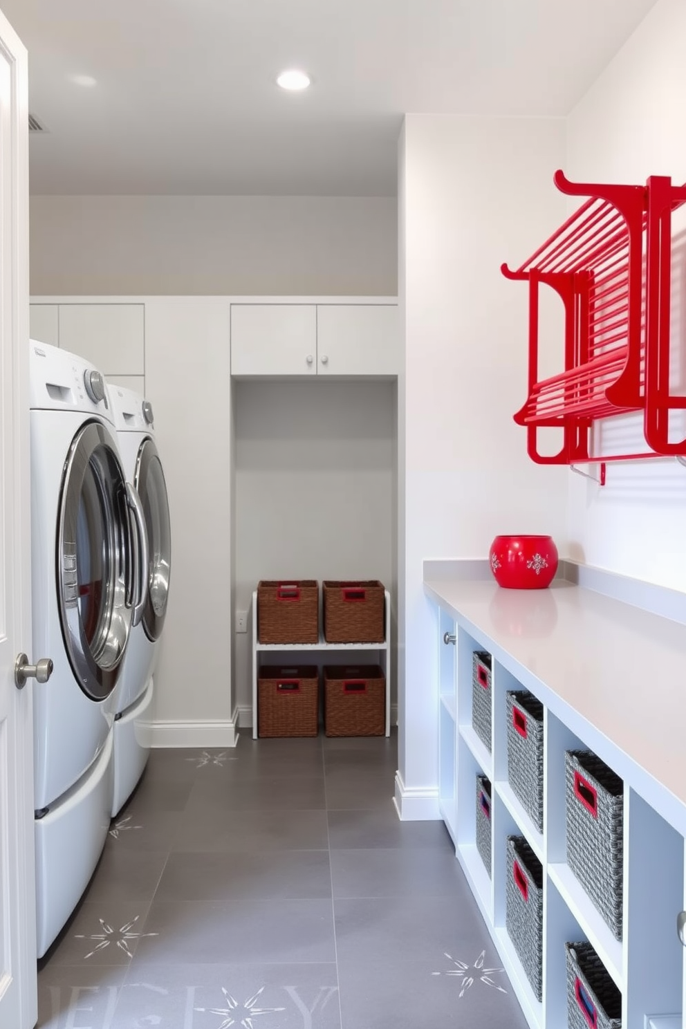 A vibrant laundry room with wall-mounted red drying racks for convenience. The walls are painted in a soft white, creating a bright and airy atmosphere. The flooring features a sleek gray tile that complements the red accents. A spacious countertop is available for folding clothes, and decorative storage bins add a touch of organization.