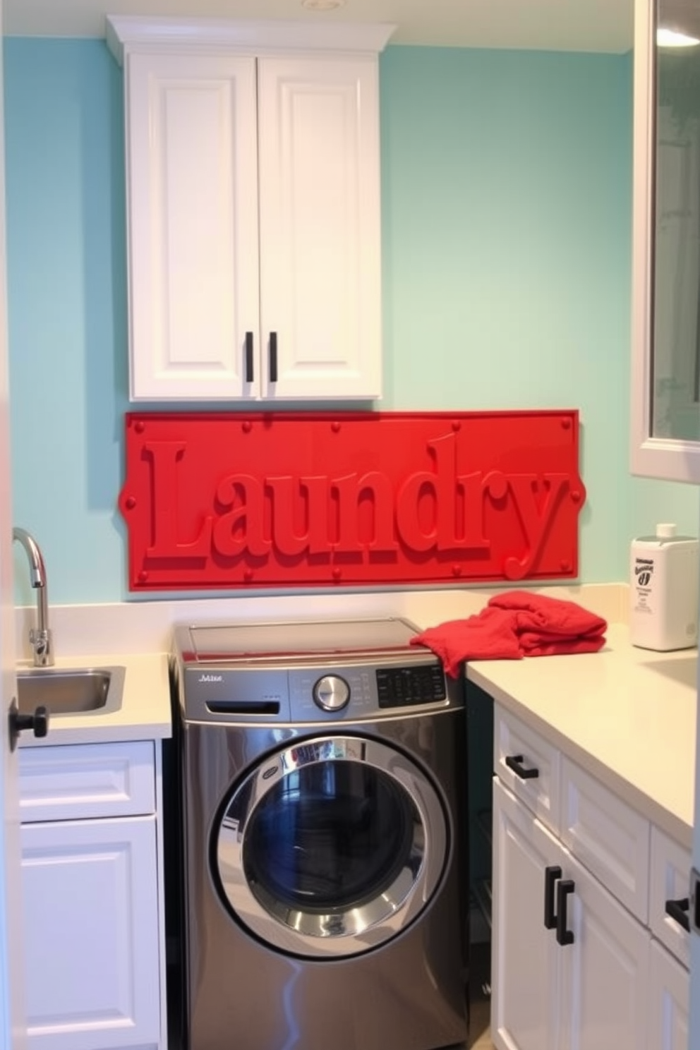 A playful laundry room design featuring a vibrant red sign that reads 