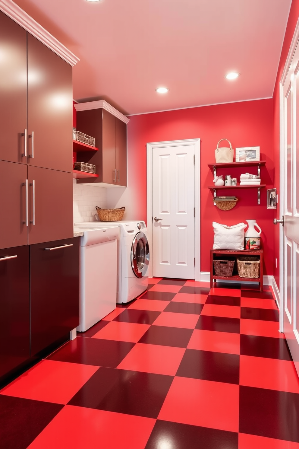 A striking red and black checkerboard flooring design creates a bold visual impact in the space. The alternating colors enhance the room's energy and can be complemented with sleek cabinetry and modern appliances. In a red laundry room, vibrant hues are paired with functional elements for an inviting atmosphere. Stylish storage solutions and organized shelving can transform the space into a practical yet aesthetically pleasing area.