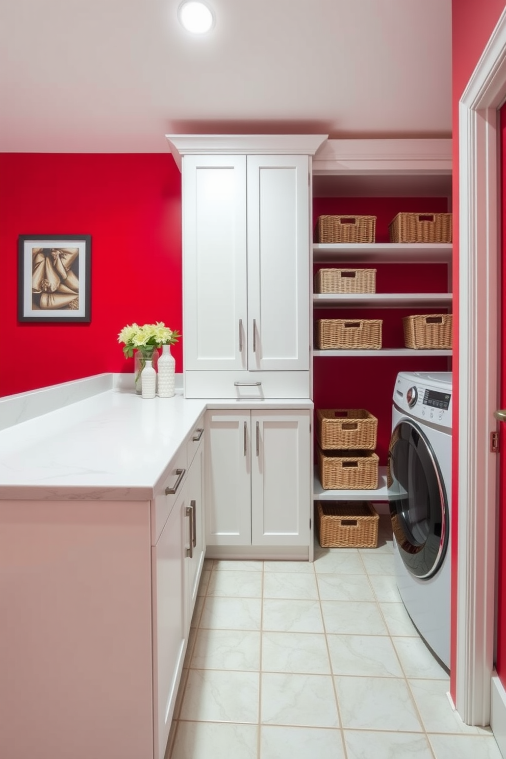 A bright red laundry room exudes a cheerful and energetic vibe. The walls are painted in a vibrant red, complemented by sleek white cabinetry for storage. A spacious countertop made of white quartz offers ample space for folding clothes. Decorative baskets in neutral tones are neatly arranged on the shelves, adding both functionality and style.