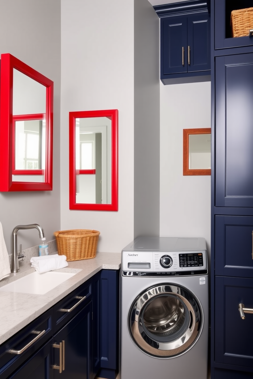 A vibrant laundry room featuring red framed mirrors that reflect light and enhance the sense of space. The walls are painted in a soft gray, while the cabinetry is a deep navy blue, providing a striking contrast. The room includes a spacious countertop for folding clothes, adorned with decorative baskets for organization. A stylish washer and dryer set is seamlessly integrated into the cabinetry, with ample storage above for laundry essentials.