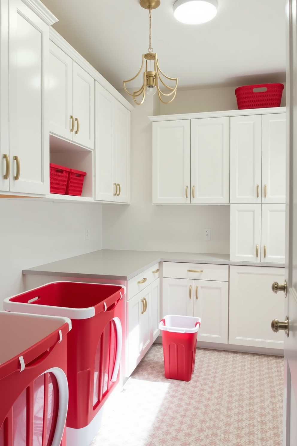 A bright and cheerful laundry room featuring red laundry hampers for easy sorting. The walls are painted in a soft white hue, complemented by sleek cabinetry in a matching shade for a clean and organized look. The floor is adorned with a durable, patterned tile that adds a touch of personality. A spacious countertop is available for folding clothes, and a stylish light fixture hangs above, illuminating the space beautifully.