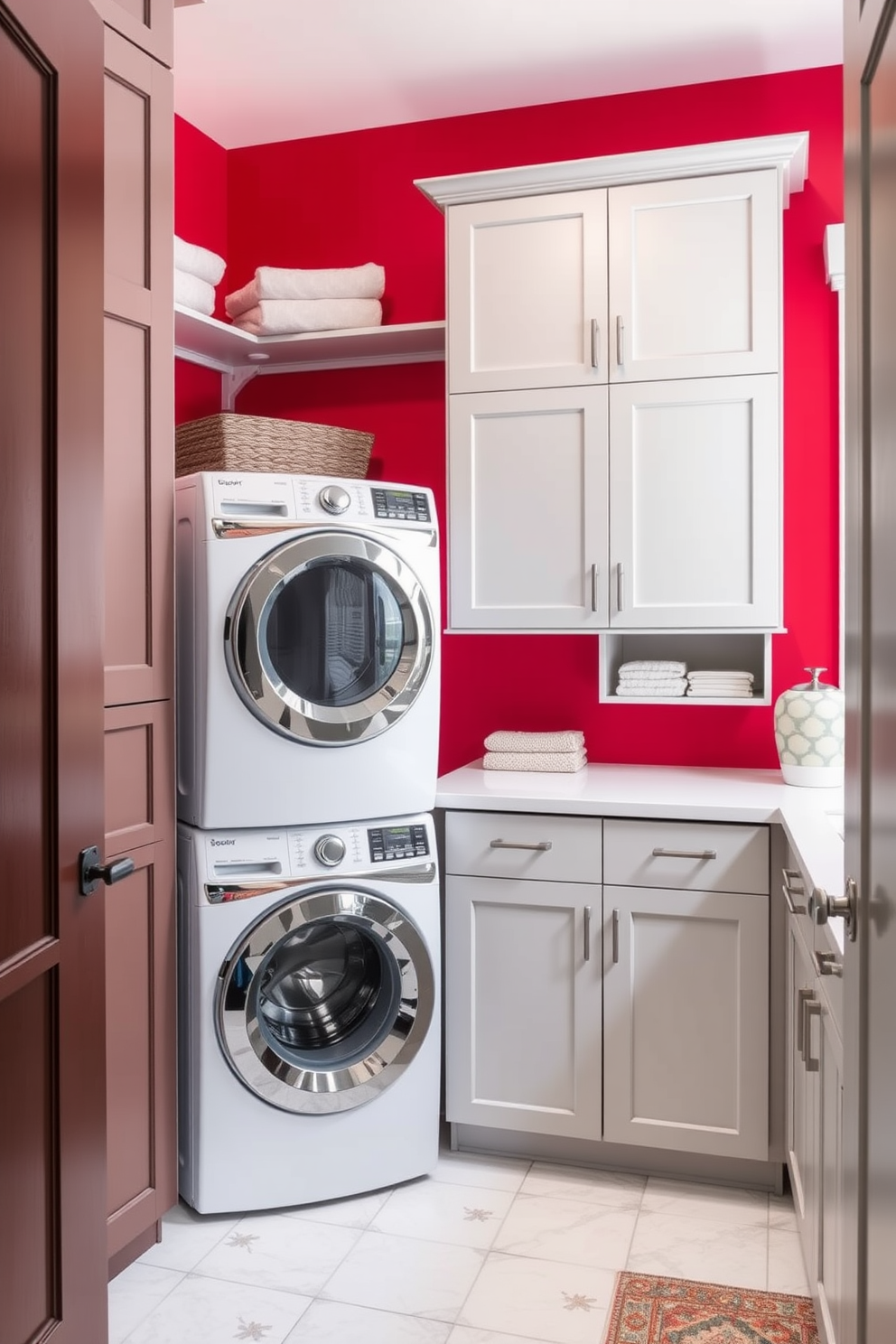 A vibrant laundry room featuring a striking red accent wall that contrasts beautifully with soft gray cabinetry. The space includes a modern washer and dryer stacked neatly, complemented by sleek white countertops and organized storage solutions.