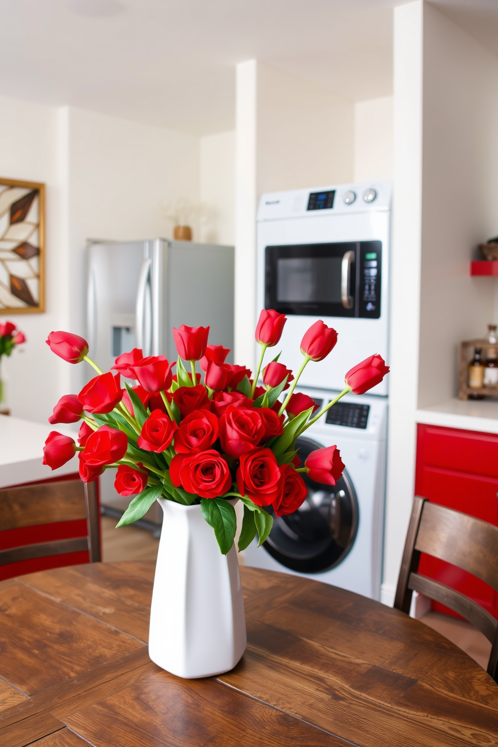 Red floral arrangements for a fresh look. The arrangement features vibrant red roses and tulips in a sleek white vase, placed on a rustic wooden table. Red laundry room design ideas. The space includes red cabinets paired with a white countertop and modern appliances, accented by decorative wall art that complements the color scheme.