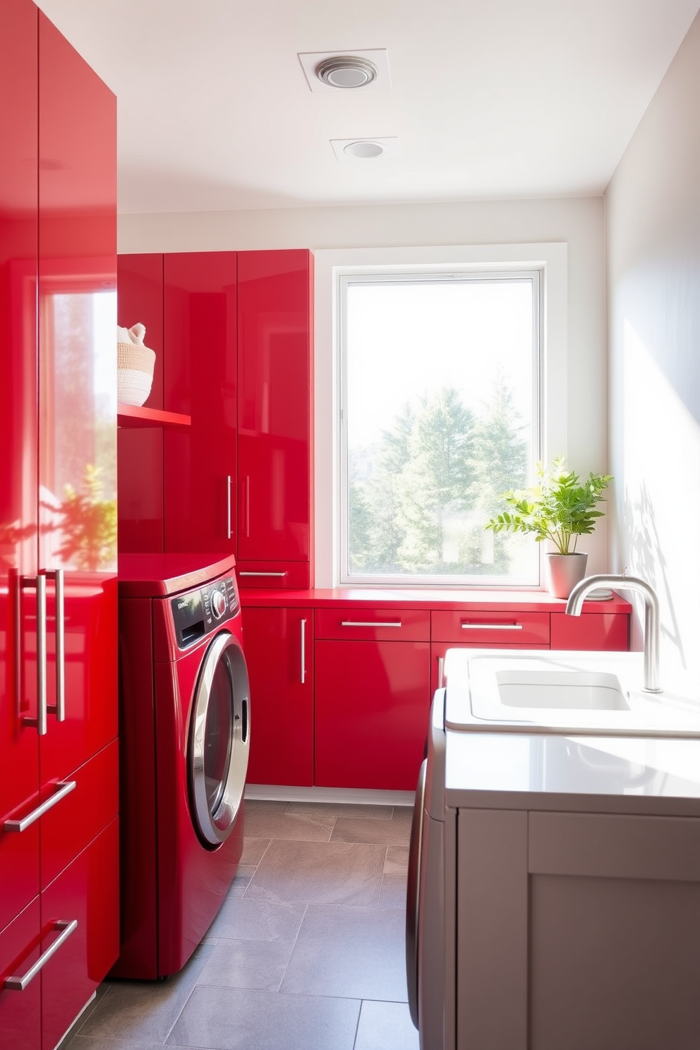 A modern laundry room featuring striking red cabinetry with sleek, minimalist hardware. The space is bright and airy, with ample natural light streaming in through a large window.