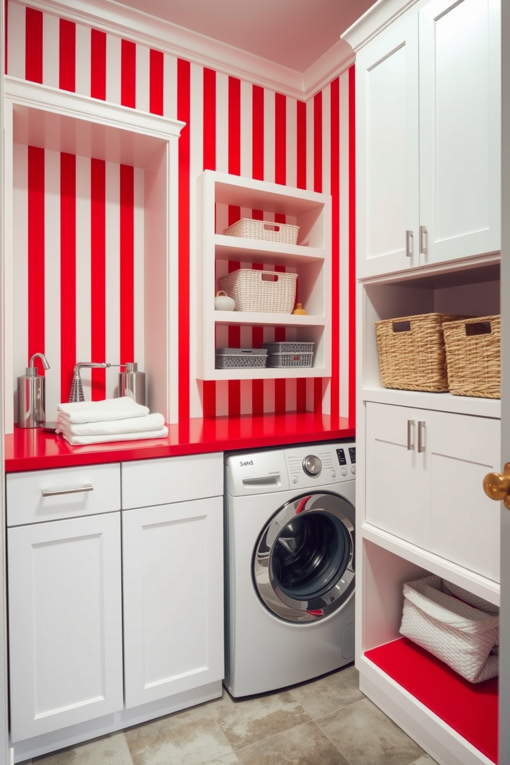 A vibrant laundry room featuring red and white striped wallpaper that adds a playful touch to the space. The room includes a modern washer and dryer with sleek white cabinetry and a bright red countertop for folding clothes. The floor is adorned with a durable tile in a neutral tone, providing a stylish contrast to the bold wallpaper. Storage solutions are integrated into the design, with open shelves displaying neatly arranged laundry supplies and decorative baskets.