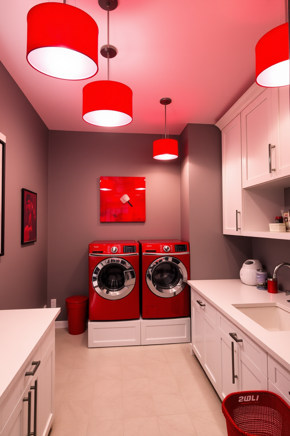 A vibrant laundry room featuring red lighting fixtures that cast a dramatic glow throughout the space. The walls are painted in a soft gray to contrast with the bold red accents, creating a modern and inviting atmosphere. The room includes sleek white cabinetry and a spacious countertop for folding clothes. A stylish red washer and dryer set is seamlessly integrated into the design, adding a pop of color while maintaining functionality.