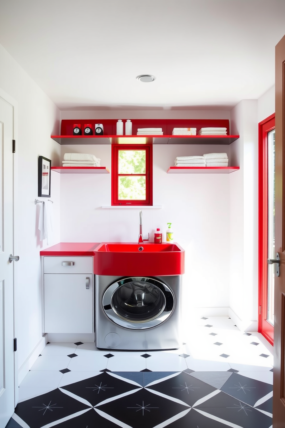 A bright red laundry sink with sleek modern fixtures serves as the focal point of this vibrant laundry room. The walls are painted in a soft white to enhance the brightness, while stylish shelves above the sink hold neatly arranged laundry supplies. The flooring features a chic black and white geometric pattern that contrasts beautifully with the red sink. A large window allows natural light to flood the space, creating an inviting and cheerful atmosphere.