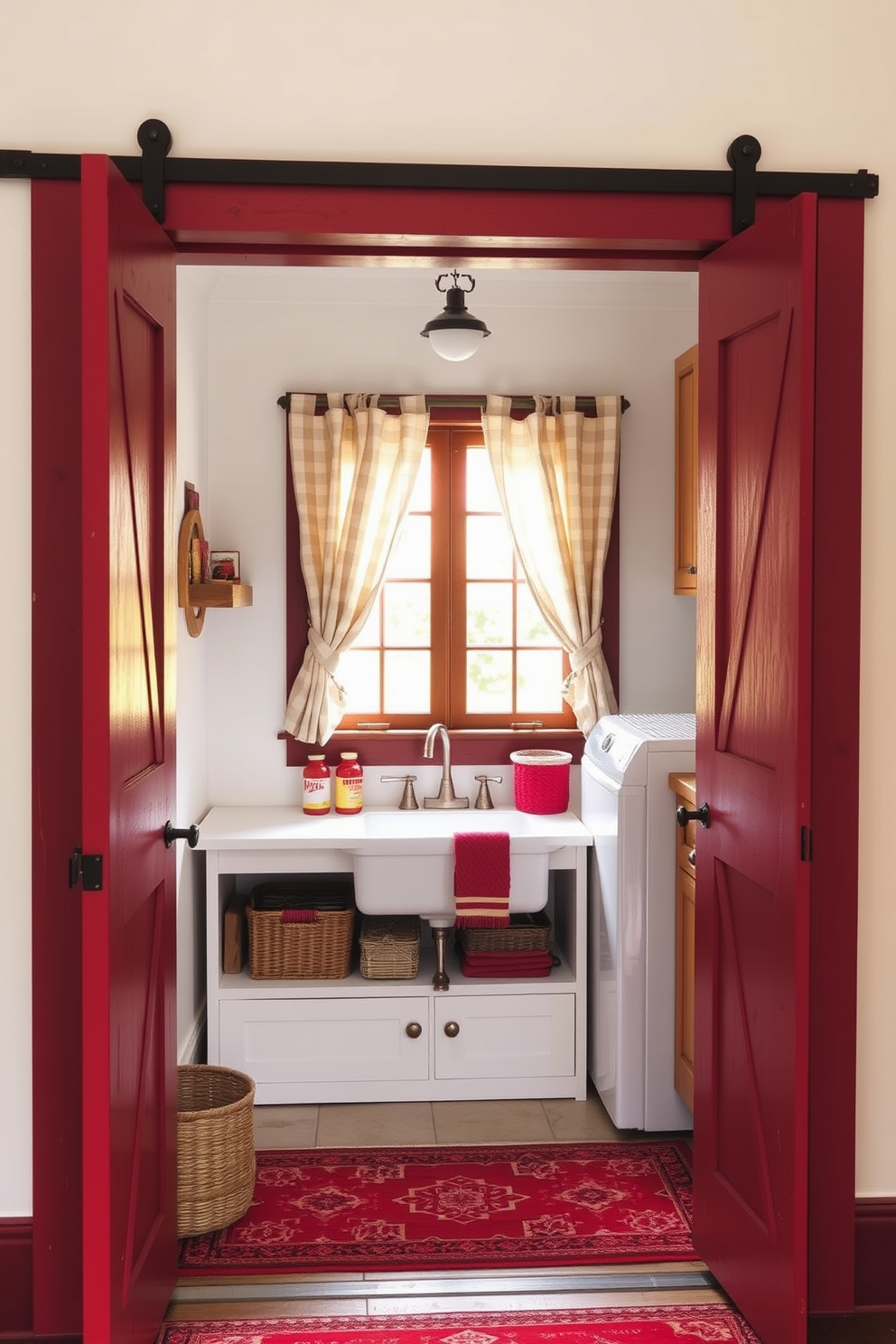 A rustic red barn door opens into a cozy laundry room filled with charm. The walls are painted in a soft white, and the space features a vintage farmhouse sink paired with wooden cabinets. Bright red accents are incorporated through decorative baskets and a vibrant rug. Natural light streams in through a window adorned with simple linen curtains, creating a warm and inviting atmosphere.