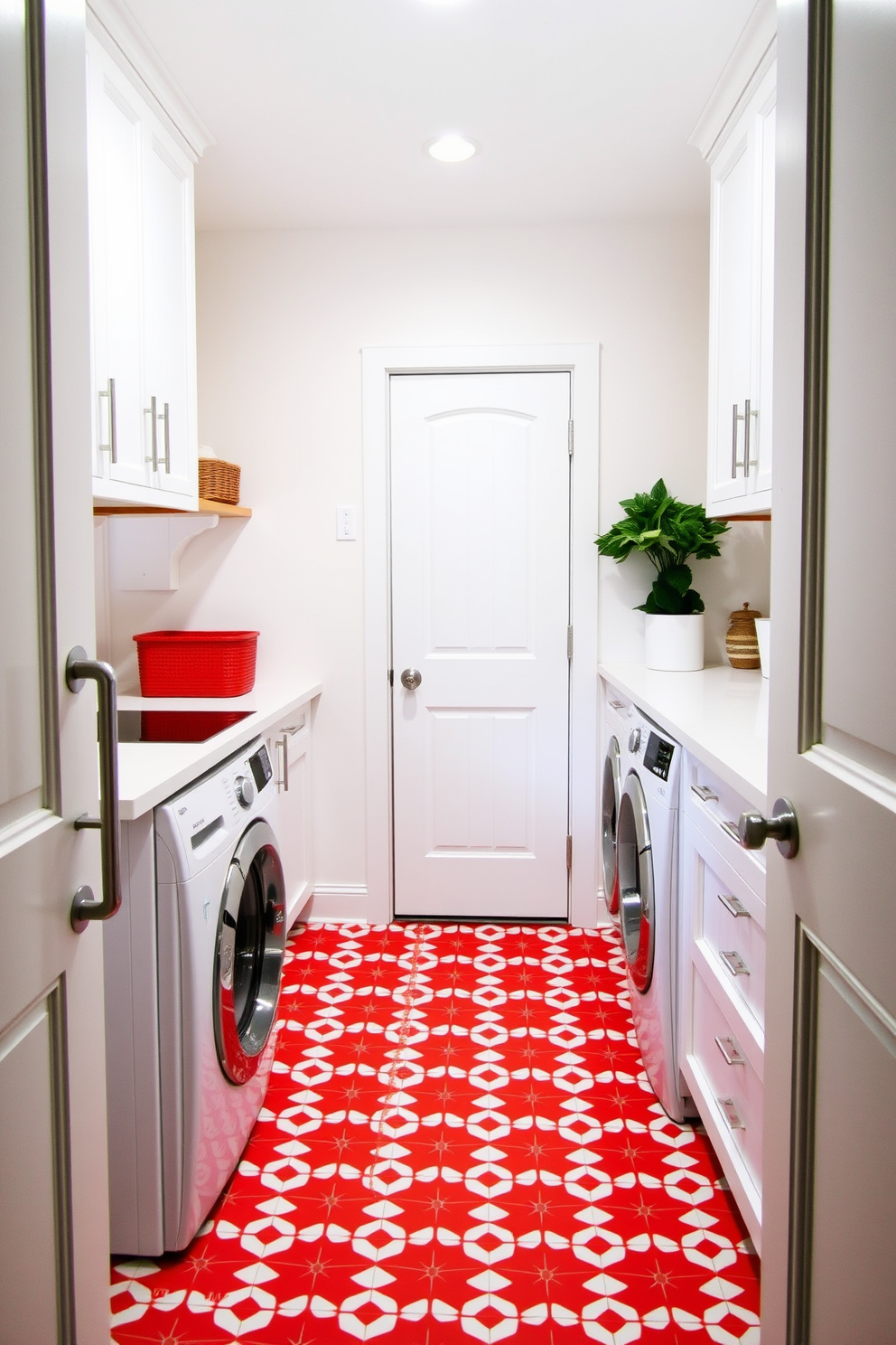 A vibrant laundry room featuring red patterned floor tiles that add a lively touch to the space. The walls are painted in a soft white, creating a bright and airy atmosphere complemented by sleek white cabinetry.