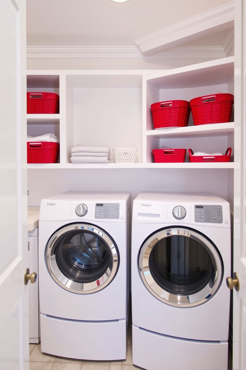 A vibrant laundry room featuring open shelving adorned with stylish red baskets for storage. The walls are painted in a cheerful white, creating a bright and inviting atmosphere.