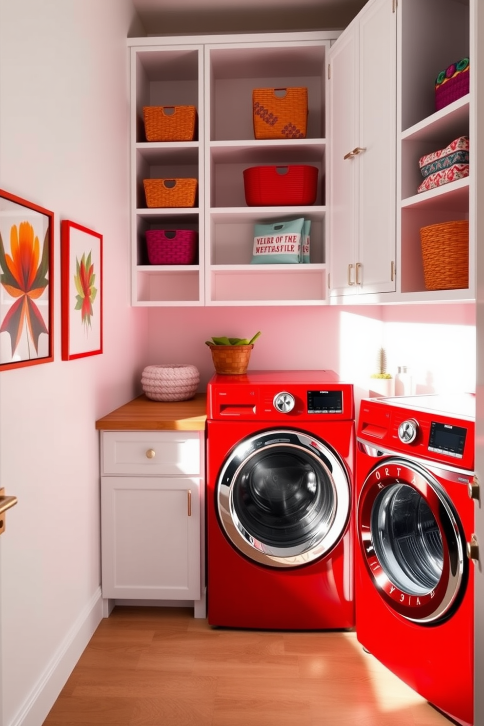 A vibrant laundry room featuring bold red appliances that create a striking focal point. The walls are painted in a crisp white to enhance the brightness of the space, while sleek shelving units provide ample storage for laundry essentials. A stylish countertop in a light wood finish complements the red machines, offering a functional space for folding clothes. Decorative elements such as colorful baskets and wall art add personality and warmth to this energetic laundry room.