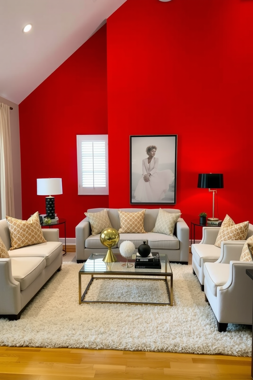 A bold red accent wall serves as the focal point of the living room, creating a vibrant and energetic atmosphere. The neutral furniture, including a light gray sofa and cream-colored armchairs, balances the intensity of the red and adds a touch of sophistication. A stylish coffee table made of glass and metal sits in the center, complemented by decorative accessories in gold and black. Soft lighting from modern floor lamps enhances the cozy feel, while a plush area rug anchors the space and adds warmth.