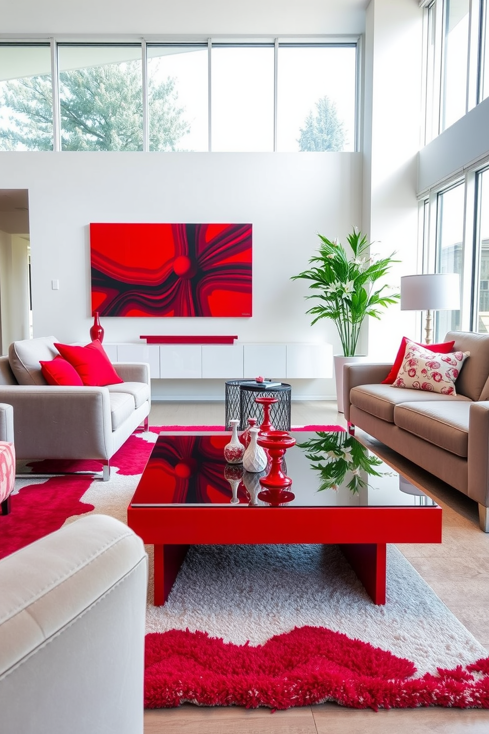 A striking red coffee table with a sleek glass top sits at the center of the living room. Surrounding the table are plush, modern sofas in neutral tones, creating a vibrant contrast. The living room features bold red accents throughout, including decorative pillows and an area rug. Large windows allow natural light to flood the space, highlighting the contemporary art pieces on the walls.