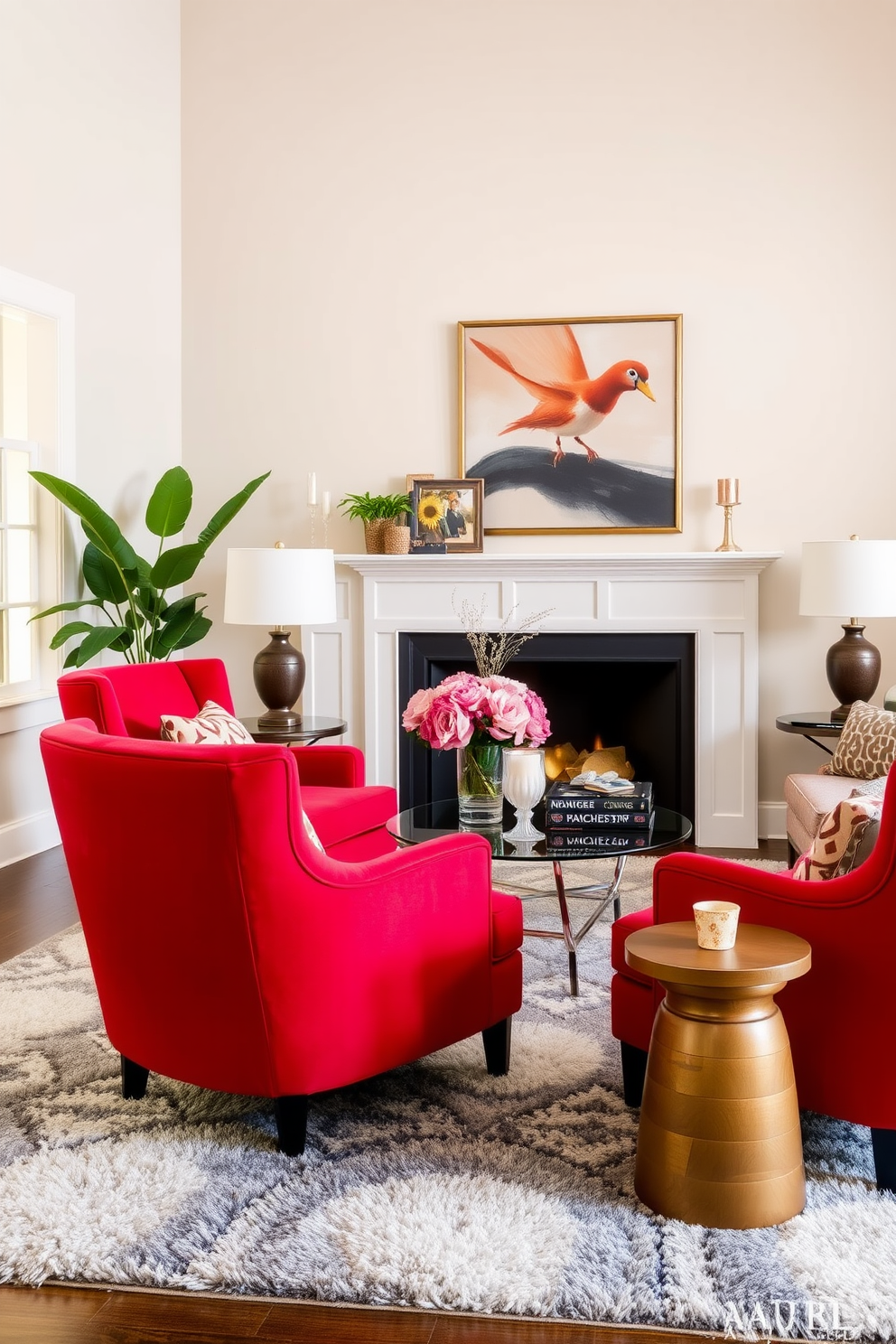 A lively living room featuring accent chairs in vibrant cherry red. The chairs are upholstered in a luxurious fabric and positioned around a sleek glass coffee table. The walls are painted in a soft neutral tone to enhance the bold color of the chairs. A plush area rug in shades of gray and white anchors the seating area, adding warmth and texture.