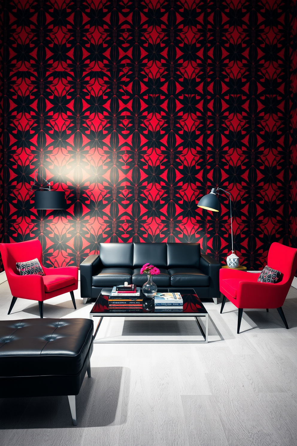 A striking red and black geometric patterned wallpaper adorns the walls of the living room, creating a bold and dynamic backdrop. The furniture is arranged to complement the wallpaper, featuring a sleek black sofa and vibrant red accent chairs that enhance the overall aesthetic. A modern coffee table sits in the center, topped with decorative books and a stylish vase. Ambient lighting from a contemporary floor lamp adds warmth, making the space inviting and perfect for entertaining guests.