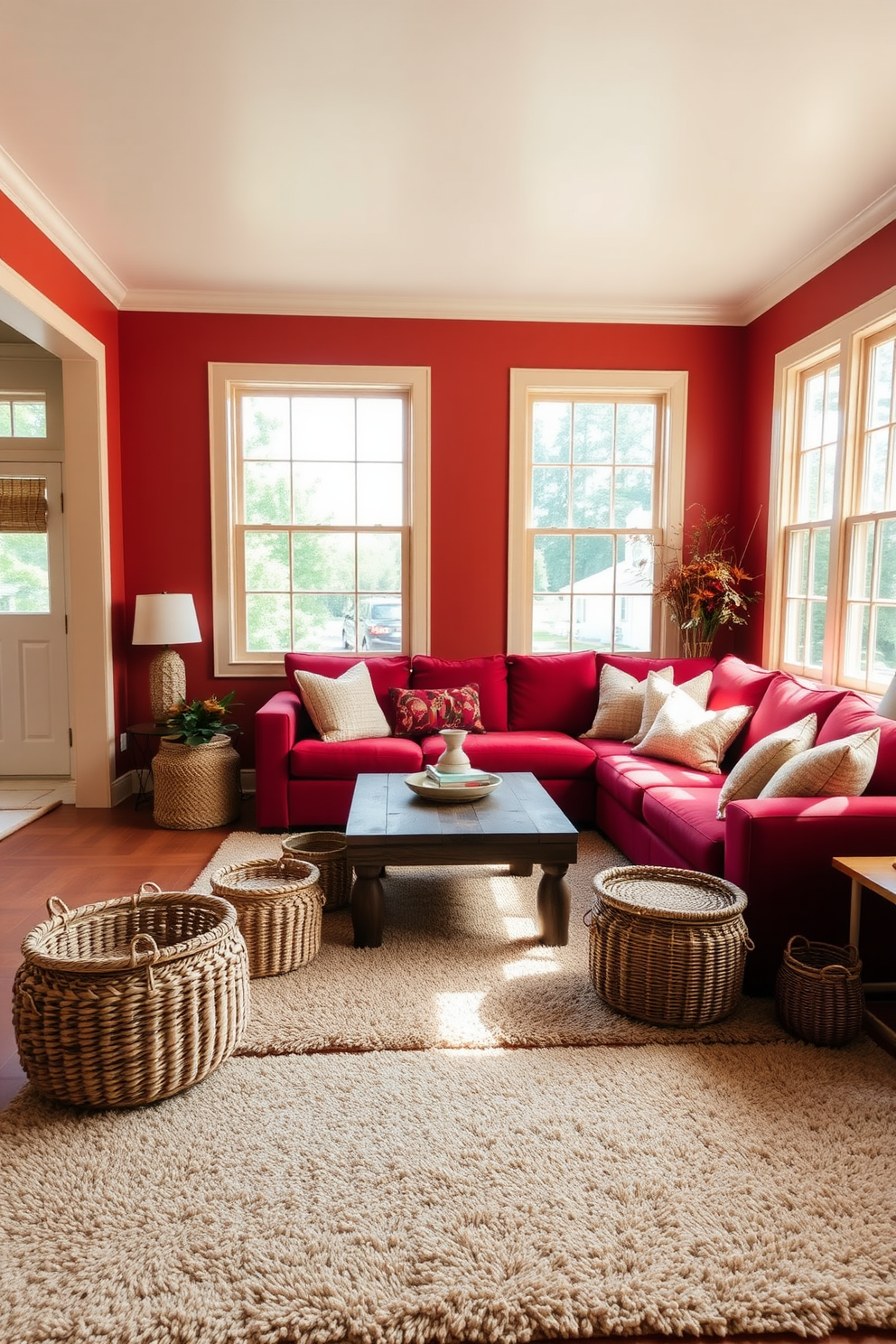 A cozy living room infused with warmth through a blend of red and earthy tones. The walls are painted a soft terracotta, complemented by a deep red sectional sofa adorned with textured throw pillows. A rustic wooden coffee table sits at the center, surrounded by woven baskets for storage. Natural light floods the space through large windows, highlighting a plush area rug that ties the color scheme together.