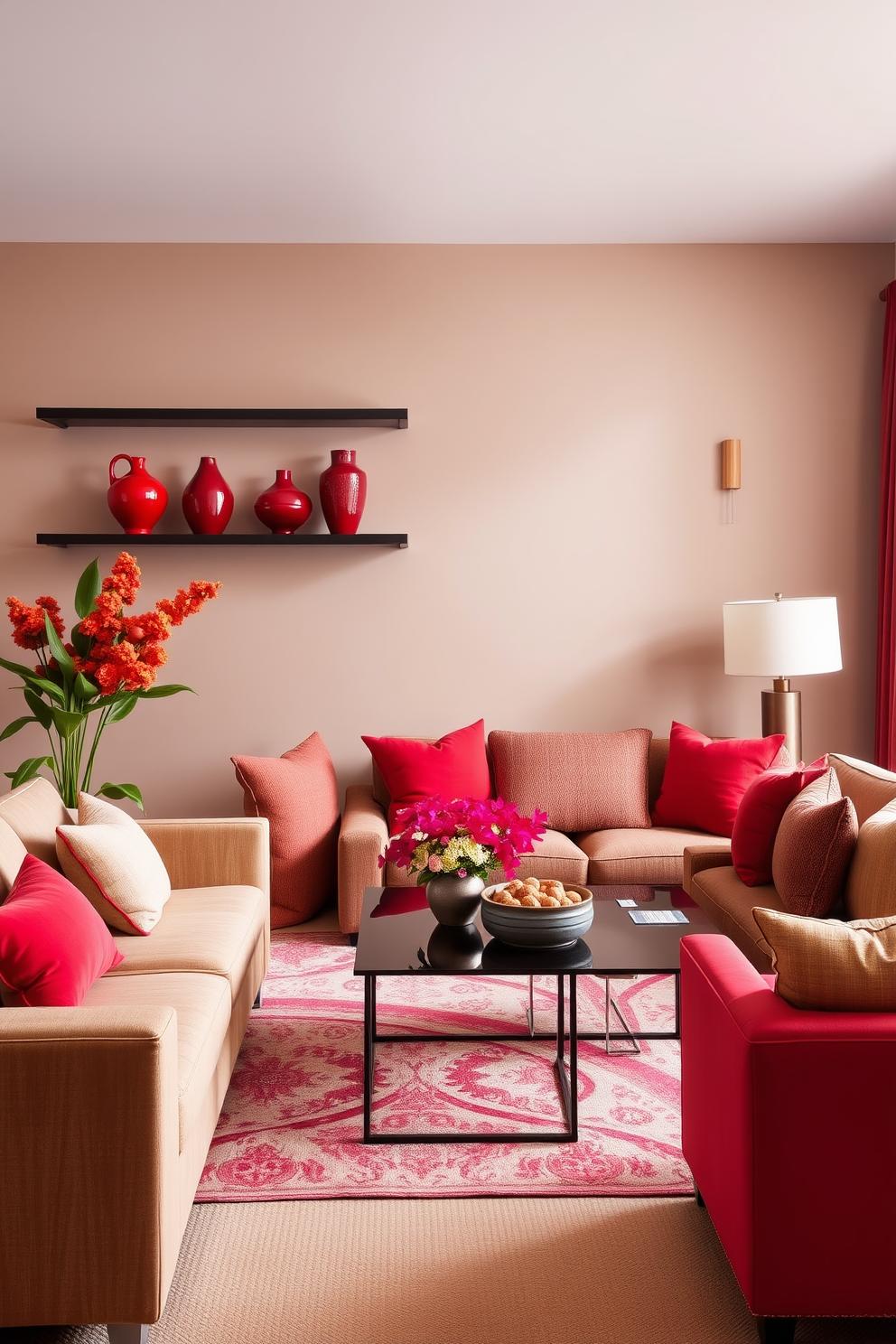 A vibrant living room featuring red decorative vases elegantly displayed on floating shelves. The space is filled with plush seating in complementary tones, creating a warm and inviting atmosphere.