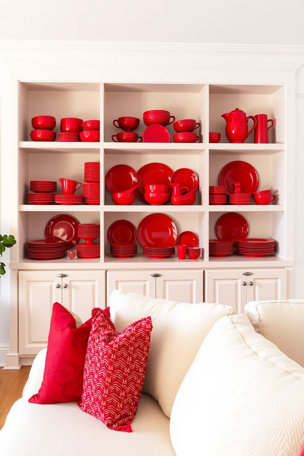 A vibrant living room featuring open shelving that showcases an array of red dishware. The walls are painted in a soft white, allowing the red accents to pop, while a plush cream sofa invites comfort and warmth.