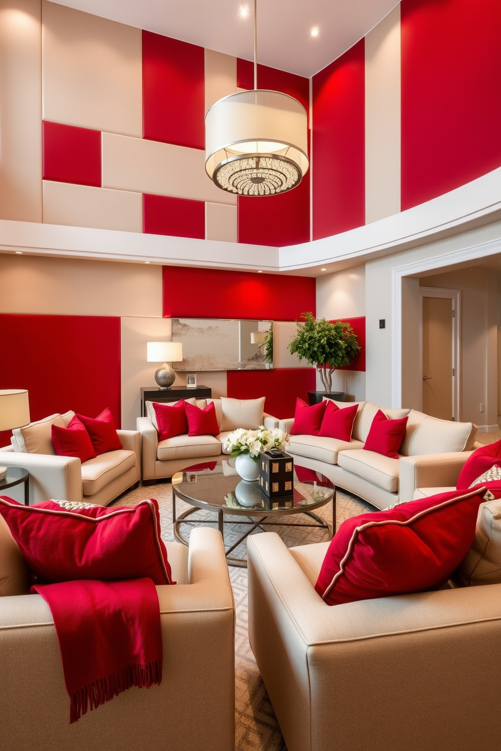 Create a stunning living room featuring a red and beige color-blocked wall design. The red blocks should be bold and vibrant, contrasting beautifully with the soft beige sections to create a warm and inviting atmosphere. Incorporate plush beige sofas adorned with red accent pillows for a cohesive look. Add a stylish coffee table in the center and use warm lighting to enhance the overall elegance of the space.