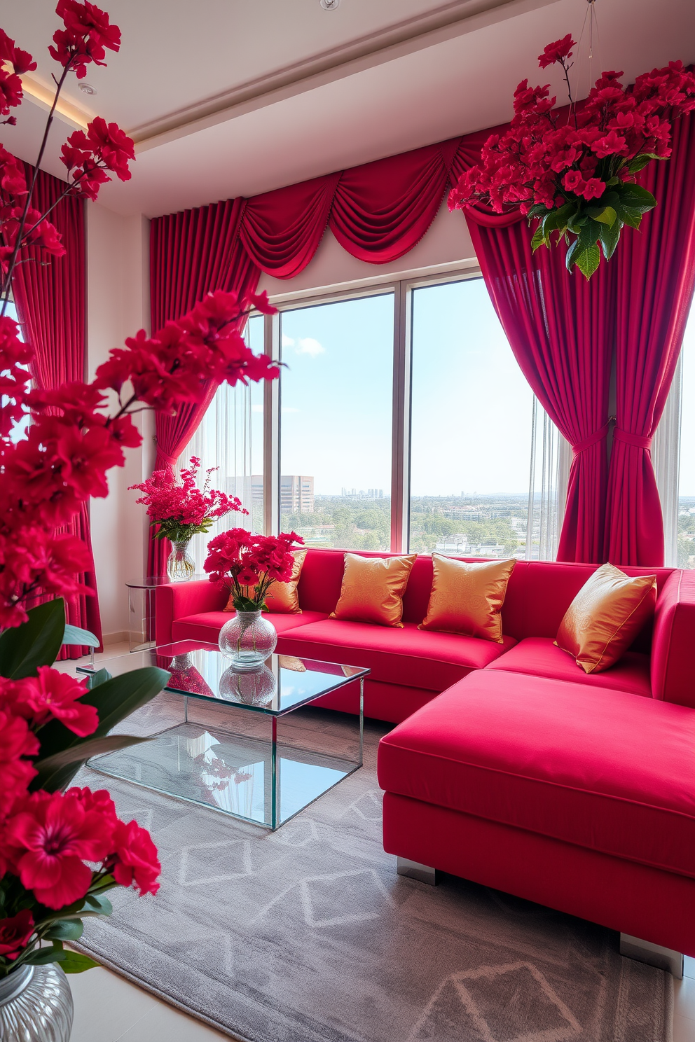 A vibrant living room filled with red floral arrangements that add a fresh touch. The space features a plush red sofa complemented by gold accent pillows and a sleek glass coffee table. Large windows allow natural light to flood the room, highlighting the elegant red curtains that frame them. A contemporary area rug with subtle patterns ties the space together, creating a warm and inviting atmosphere.