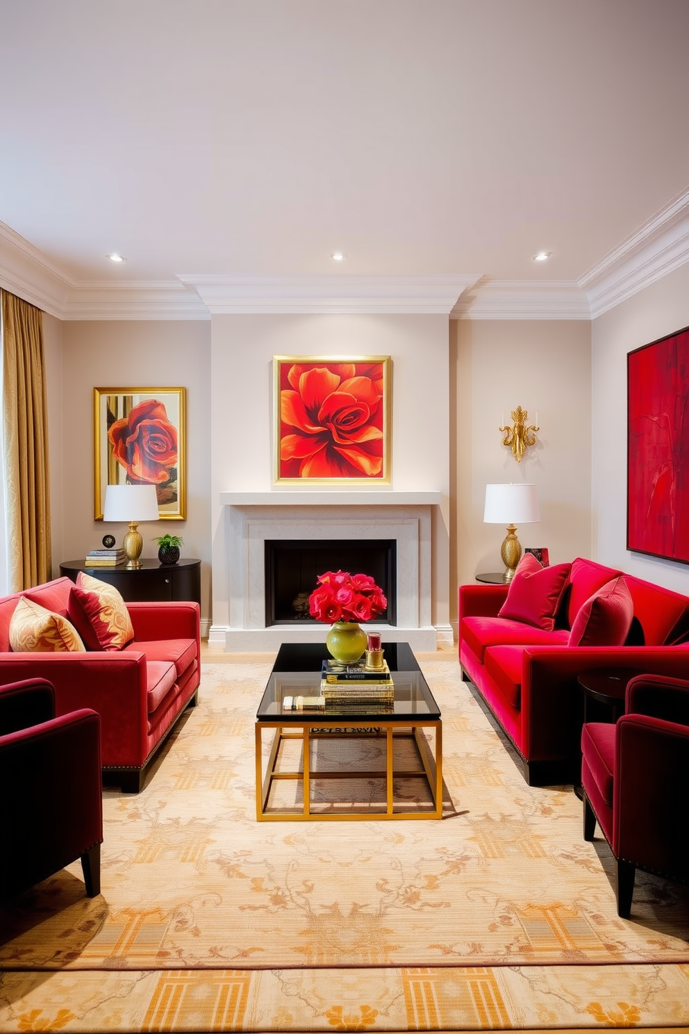 A vibrant living room filled with energy and warmth. The walls are painted in a soft beige, creating a neutral backdrop for bold red artwork that serves as a focal point. A plush red sofa is complemented by elegant gold accents in the decor. A sleek coffee table sits in the center, surrounded by stylish armchairs that invite conversation and relaxation.