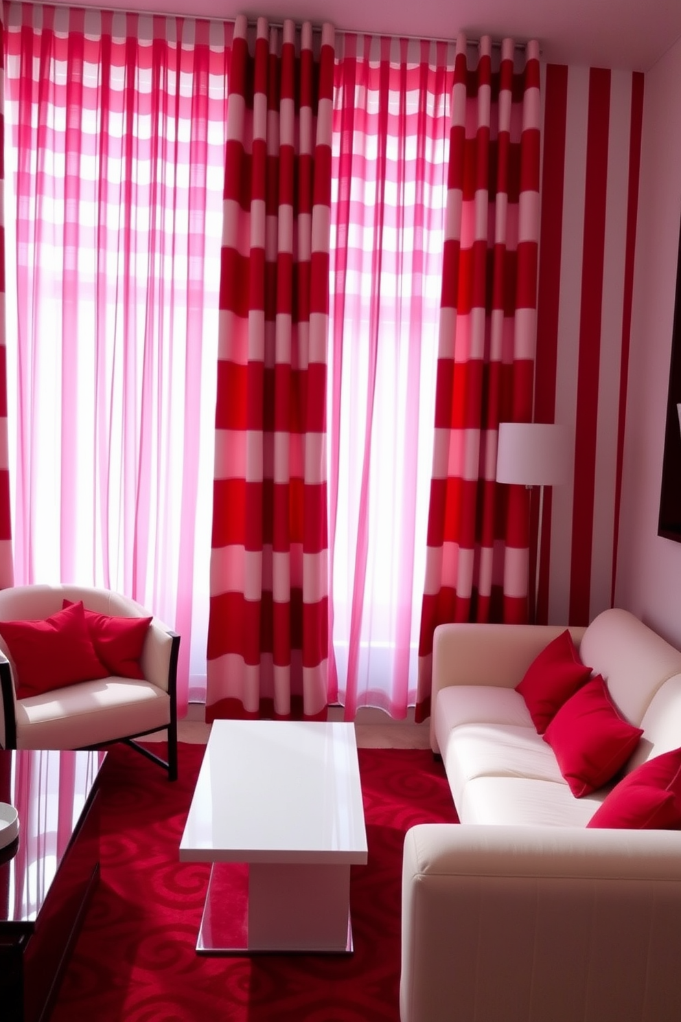 A vibrant living room featuring red and white striped curtains that add a bold contrast to the space. The room is furnished with a plush white sofa, complemented by red accent pillows, and a sleek coffee table sits at the center.