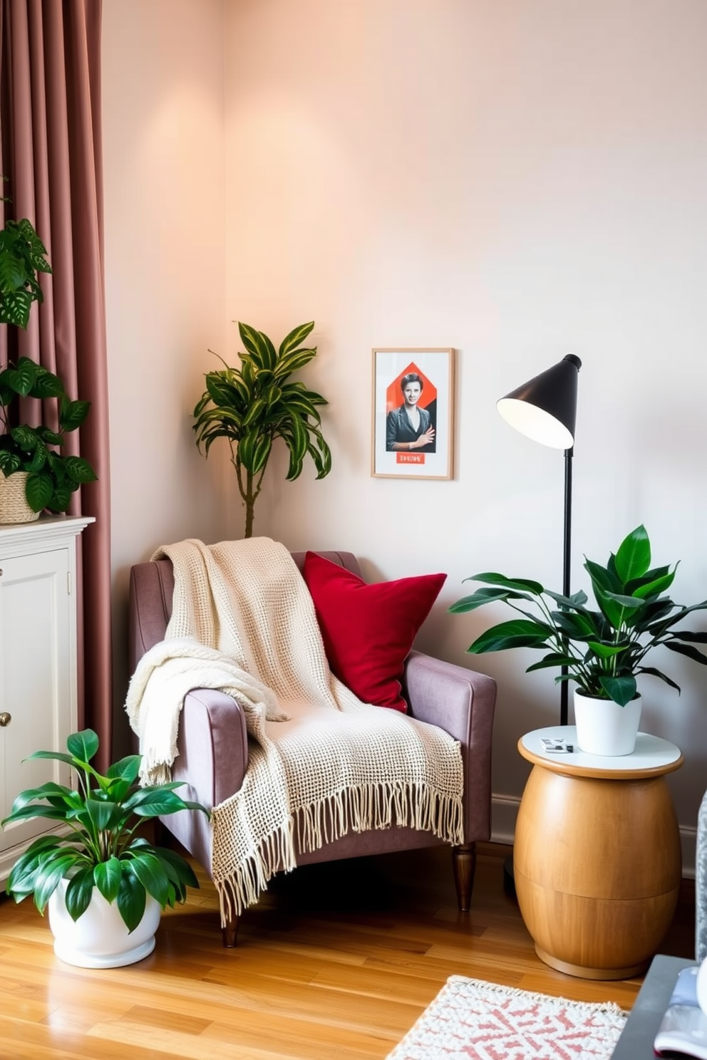 Create a cozy nook with red cushions nestled in a corner of a bright living room. The space features a plush armchair, a small side table, and a soft throw blanket draped over the chair. Incorporate warm lighting with a stylish floor lamp to enhance the inviting atmosphere. Surround the nook with houseplants for a touch of greenery and freshness.