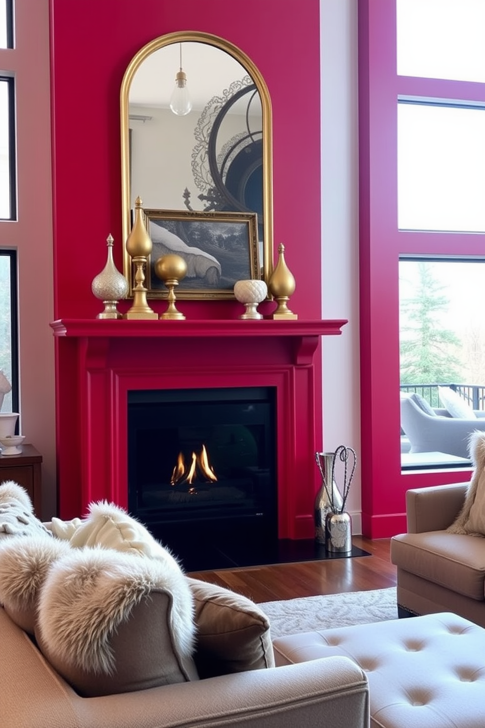 A striking red fireplace mantel serves as the focal point of a cozy living room. Surrounding the mantel are decorative accents in gold and white, adding a touch of elegance to the vibrant red. The living room features plush seating in neutral tones, creating a warm and inviting atmosphere. Large windows allow natural light to flood the space, highlighting the rich textures and colors throughout the room.