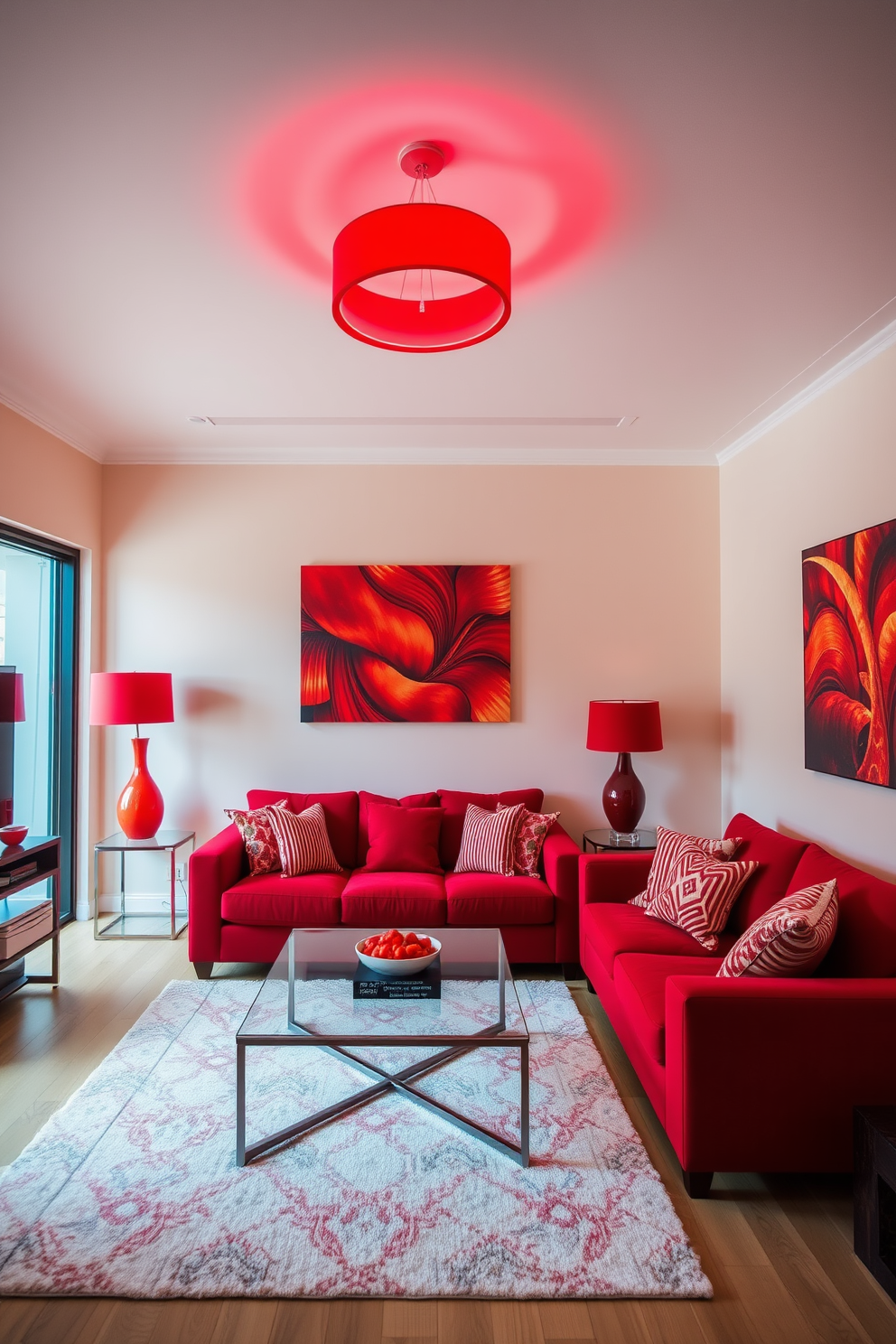 A vibrant living room featuring a bold red ceiling light fixture that serves as the focal point of the space. The walls are painted in a soft neutral tone to create a striking contrast with the red accents throughout the room. The furniture includes a plush red sofa complemented by a sleek glass coffee table and decorative throw pillows in varying shades of red. A stylish area rug anchors the seating arrangement, while contemporary artwork adorns the walls, enhancing the overall aesthetic.