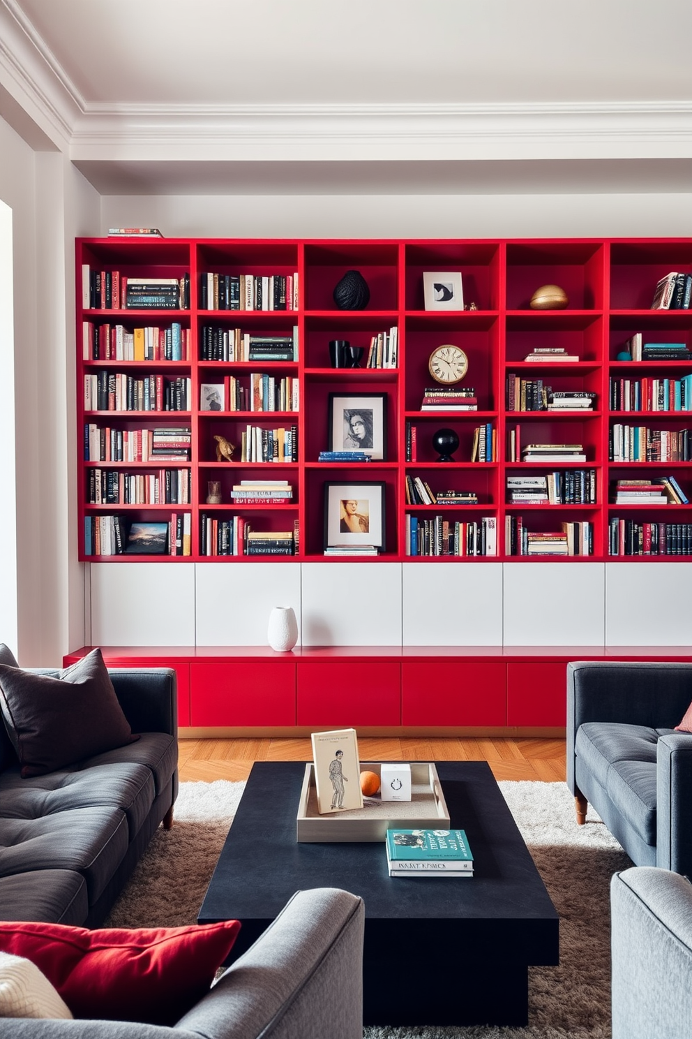 A striking red bookshelf serves as the focal point of the living room, filled with an array of colorful books and decorative items. The walls are painted in a soft neutral tone to enhance the vibrancy of the red, creating a warm and inviting atmosphere. Plush seating in shades of gray complements the bold bookshelves, providing comfort and style. A modern coffee table sits at the center, adorned with a decorative tray and a few carefully selected art pieces.