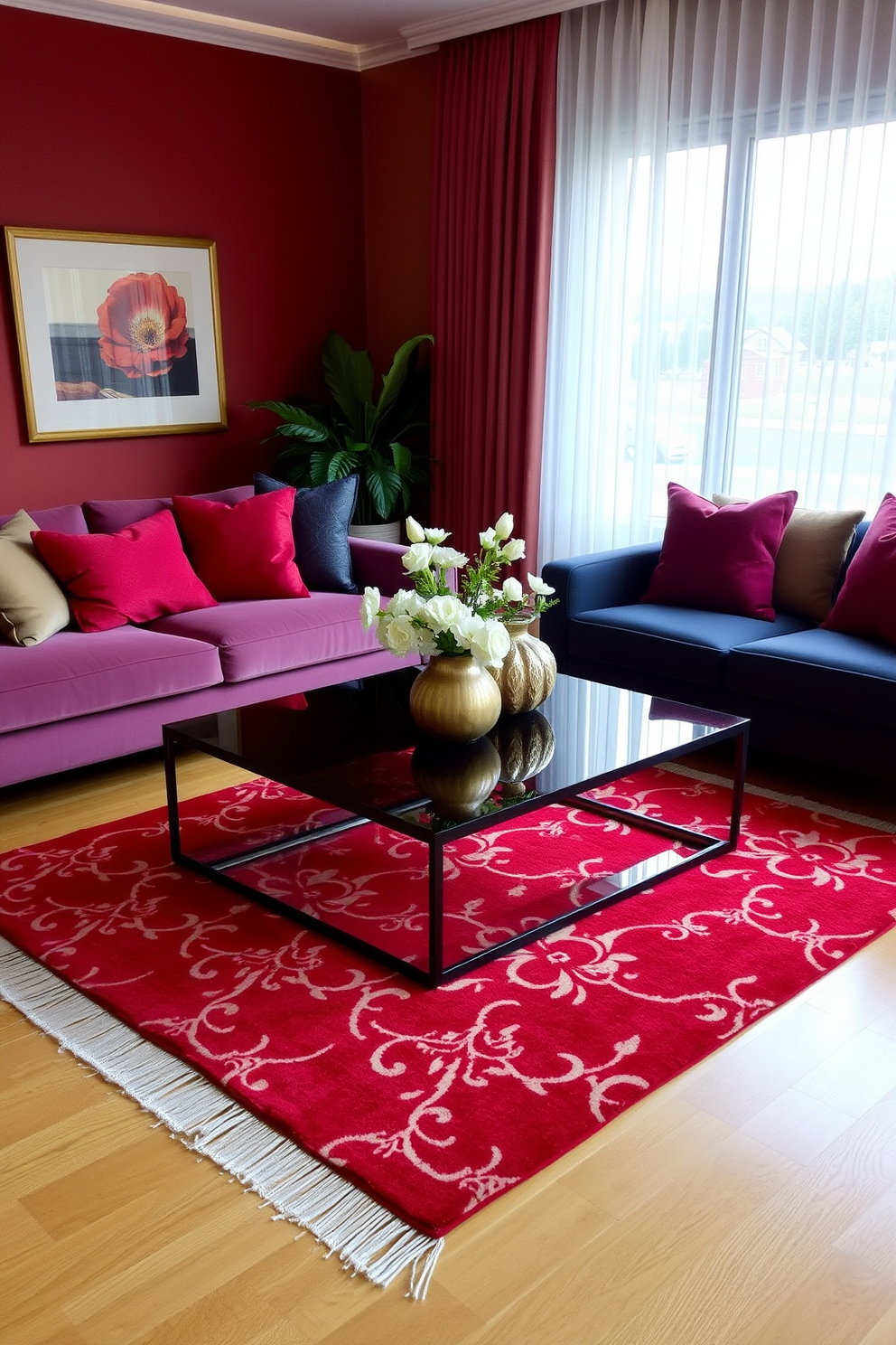 A vibrant living room setting featuring a red patterned area rug elegantly placed under a sleek coffee table. The space is adorned with plush seating in complementary colors, creating a warm and inviting atmosphere.