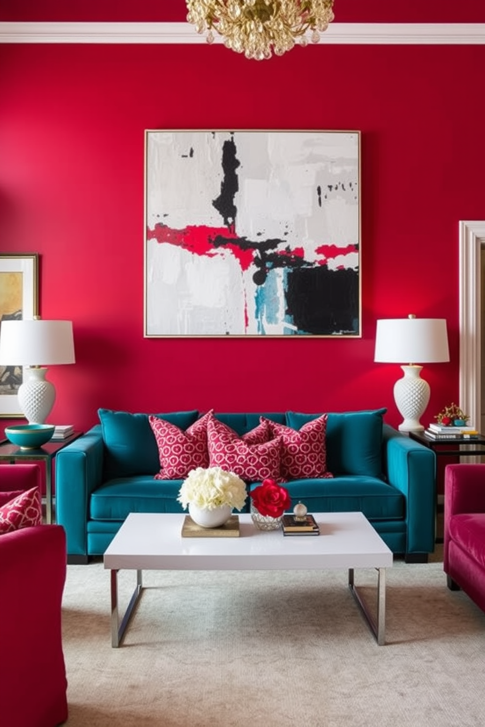 A vibrant living room filled with energy and style. The walls are painted in a bold red hue, while the furniture features rich teal upholstery, creating a striking contrast. The space includes a plush teal sofa adorned with red and white patterned cushions. A large abstract artwork in complementary colors hangs above a sleek white coffee table, enhancing the room's dynamic aesthetic.