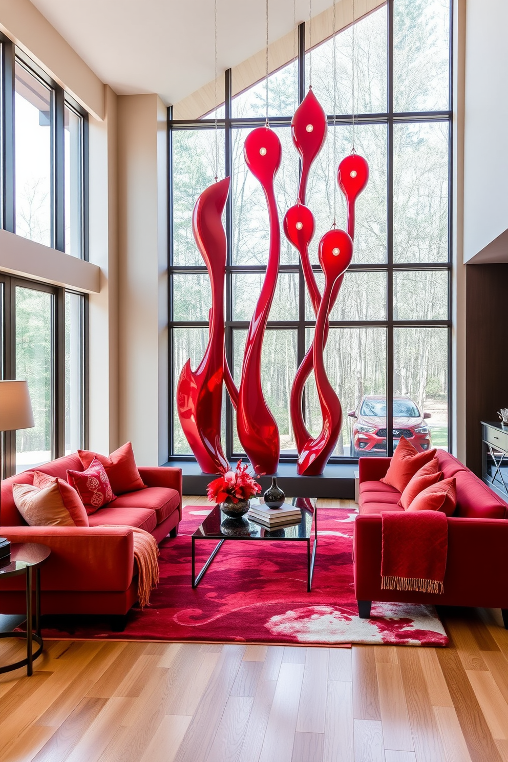 Artistic red sculptures serve as the striking centerpiece in a vibrant living room. The space features plush seating in complementary tones, with a bold area rug anchoring the design. Large windows allow natural light to flood the room, highlighting the rich textures of the furnishings. Accent pillows and throws in various shades of red create a cohesive and inviting atmosphere.