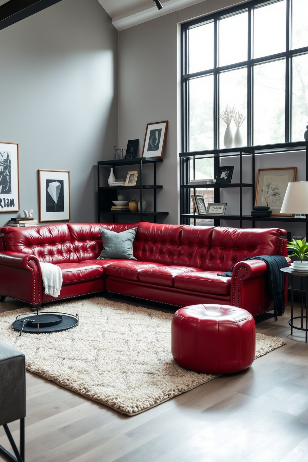 A vintage red leather sofa is the centerpiece of a stylish living room adorned with modern decor. The walls are painted in a soft gray, and sleek black shelves display contemporary art pieces and decorative objects. A plush area rug with geometric patterns lies beneath the sofa, adding warmth to the space. Large windows allow natural light to flood in, highlighting the contrast between the rich red leather and the minimalist furnishings.