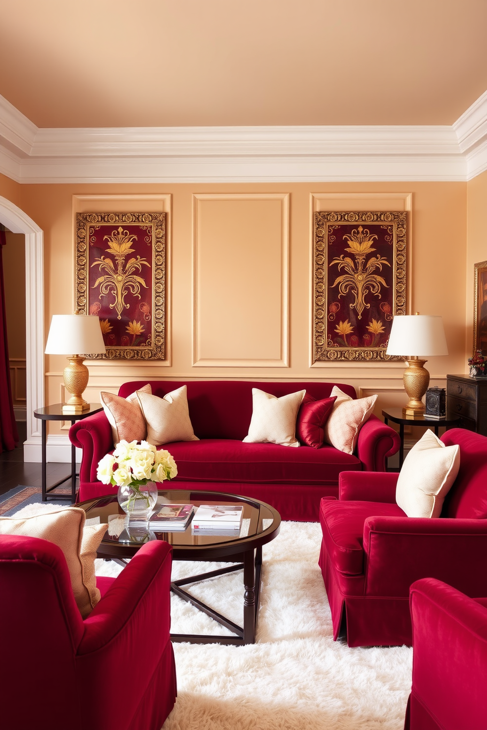 A luxurious living room featuring a rich red and cream color palette. The walls are painted a warm cream, while a deep red velvet sofa is placed at the center, complemented by cream-colored throw pillows. A stylish coffee table with a glass top sits on a plush cream area rug, surrounded by elegant armchairs in a matching red fabric. Decorative artwork with gold accents adorns the walls, enhancing the overall sophistication of the space.